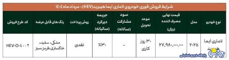 طرح فروش لاماری ایما هیبرید مرداد ۱۴۰۴