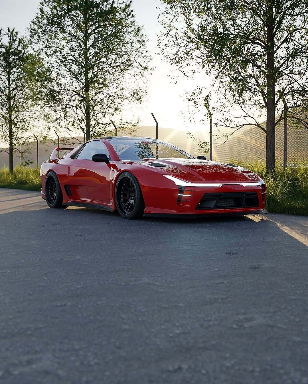 تصویری کامپیوتری و رندر شده از طرح مفهومی میتسوبیشی ۳۰۰۰GT با بازطراحی مدرن، بدنه عریض، چراغهای LED و رینگهای مشکی، که توسط روستیسلاو پروکوپ به عنوان یک سوپر GT برای سال ۲۰۲۵ بازآفرینی شده است.