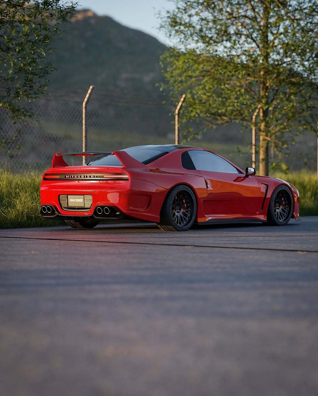 تصویری کامپیوتری و رندر شده از طرح مفهومی میتسوبیشی ۳۰۰۰GT با بازطراحی مدرن، بدنه عریض، چراغهای LED و رینگهای مشکی، که توسط روستیسلاو پروکوپ به عنوان یک سوپر GT برای سال ۲۰۲۵ بازآفرینی شده است.