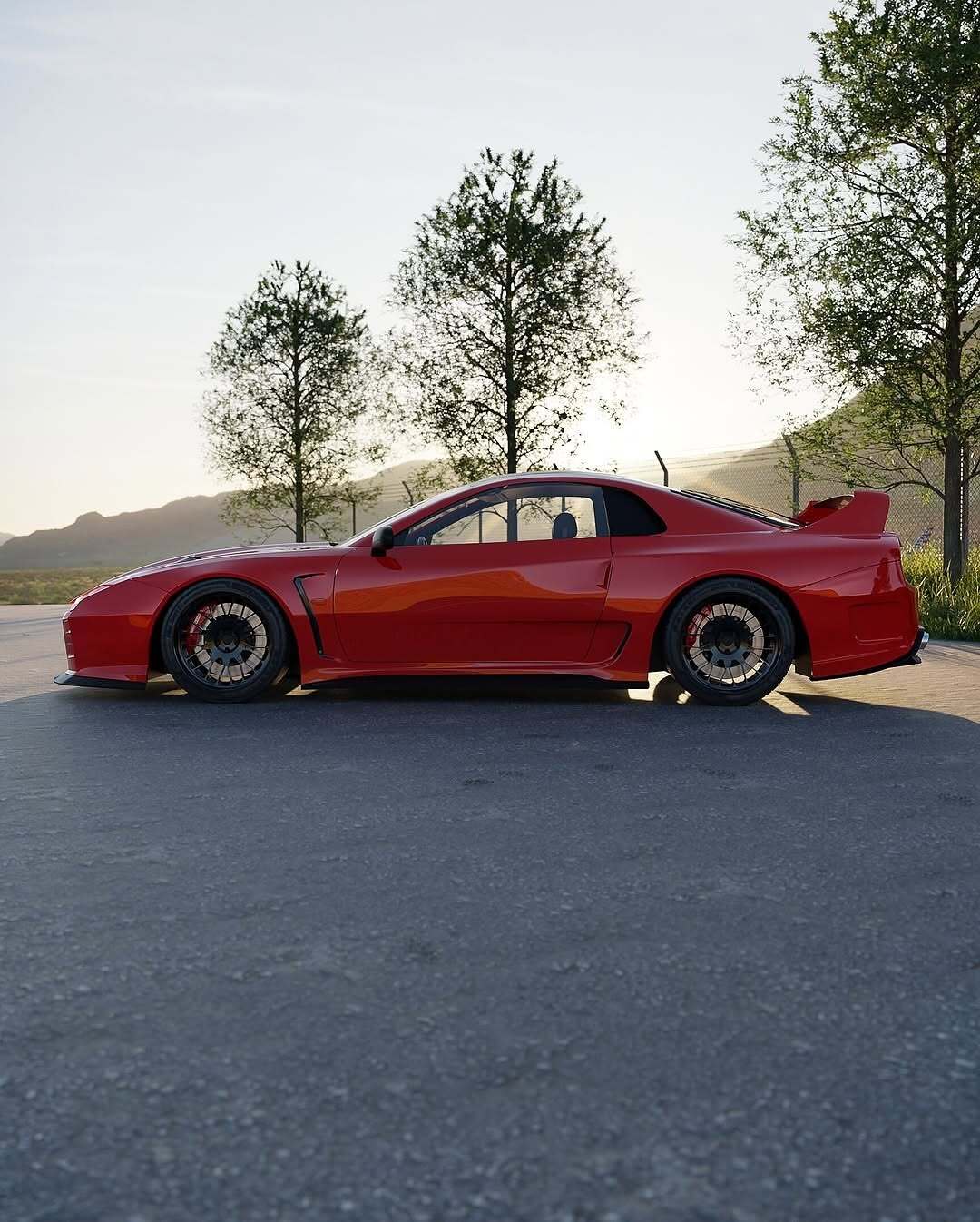 تصویری کامپیوتری و رندر شده از طرح مفهومی میتسوبیشی ۳۰۰۰GT با بازطراحی مدرن، بدنه عریض، چراغهای LED و رینگهای مشکی، که توسط روستیسلاو پروکوپ به عنوان یک سوپر GT برای سال ۲۰۲۵ بازآفرینی شده است.